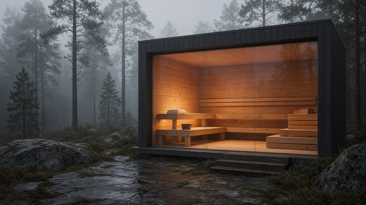 Cabin sauna in a misty pine forest